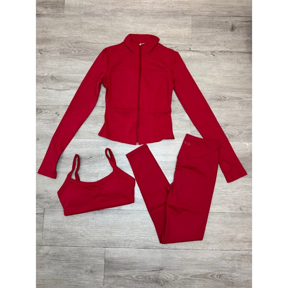 Red Matching 3 Piece Athleisure Set Jacket Leggings Sports Bra
